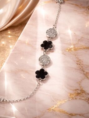 Silver Bracelet with Black Flower and Crystal Accents